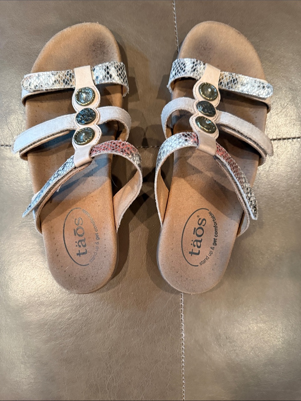 Taos Beige Snake-Print Embellished Slide Sandals